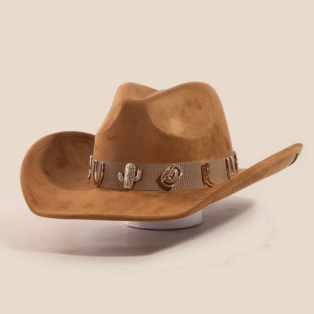 Brown Cowboy hat with cactus, cowboy boot, hat, and horse shoe embellishments on beige background.