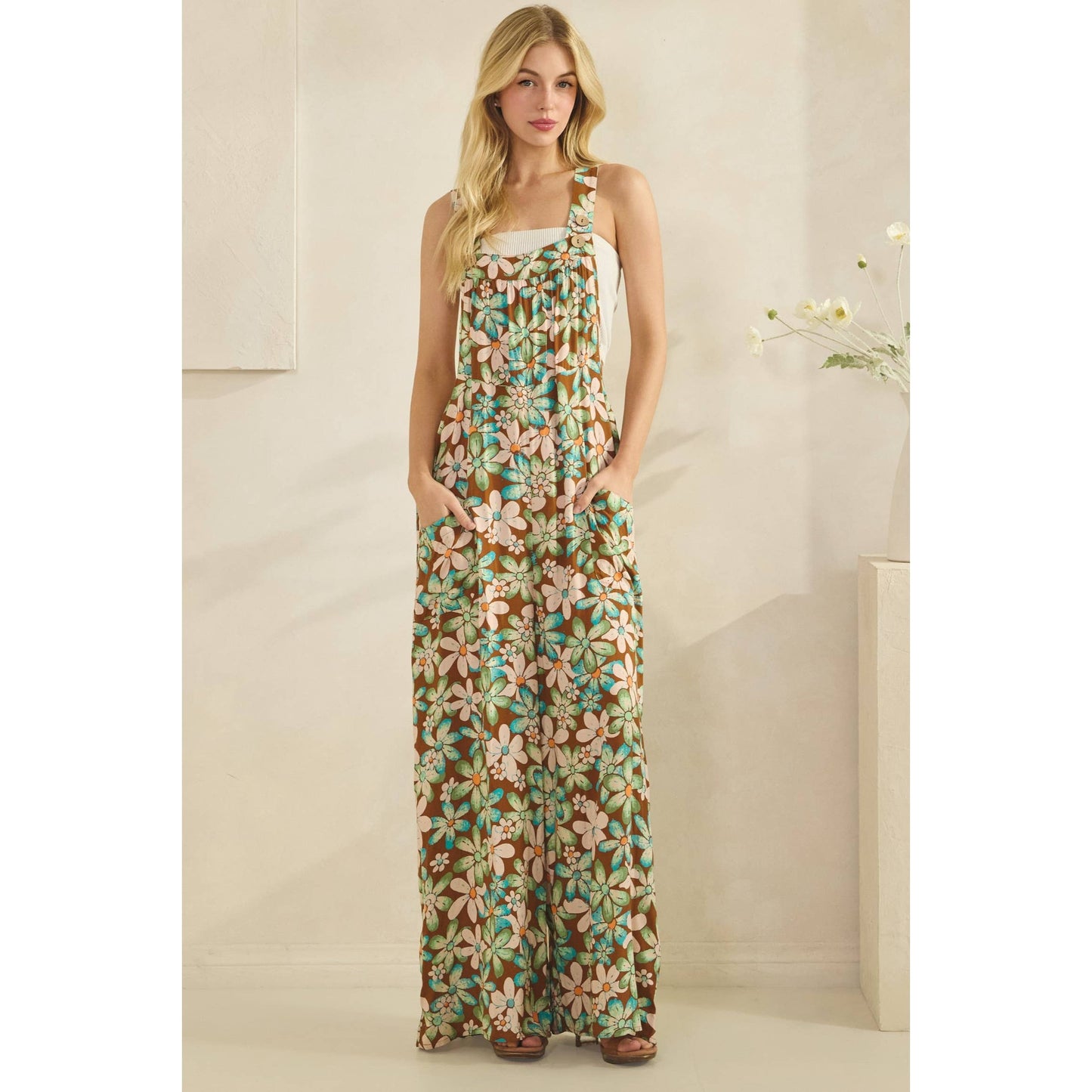 RETRO VINTAGE GARDEN PRINT FLORAL OVERALL JUMPSUIT (SJT7657): Mocha / S-M-L(2-2-2)