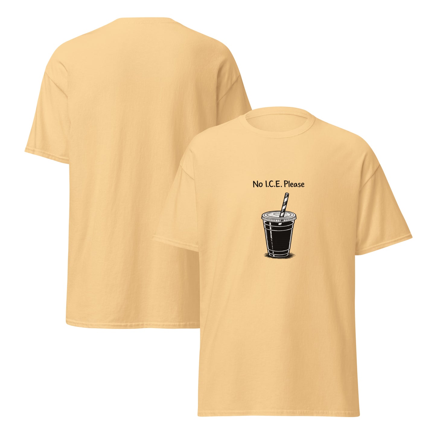 Beige t-shirt with a black graphic of a drink and text 'No I.C.E. Please' on a white background