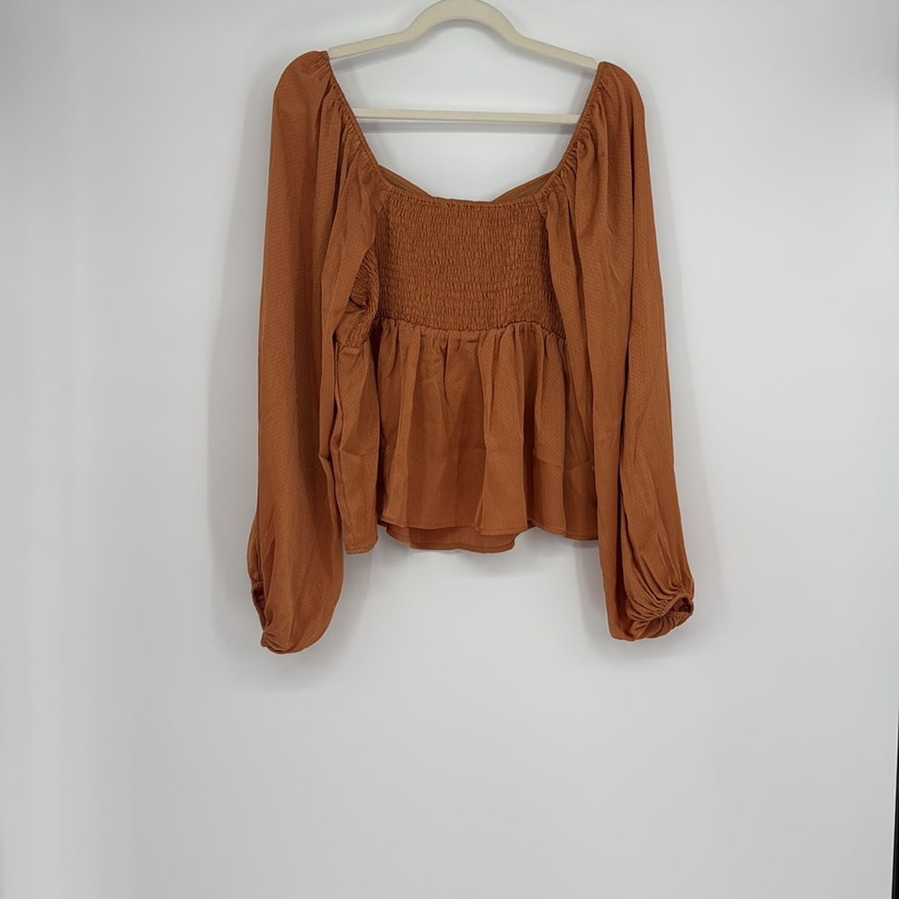 Davi & Dani Rust Orange Fall Boho Peasant Blouse Long Sleeve Ruched Front Top