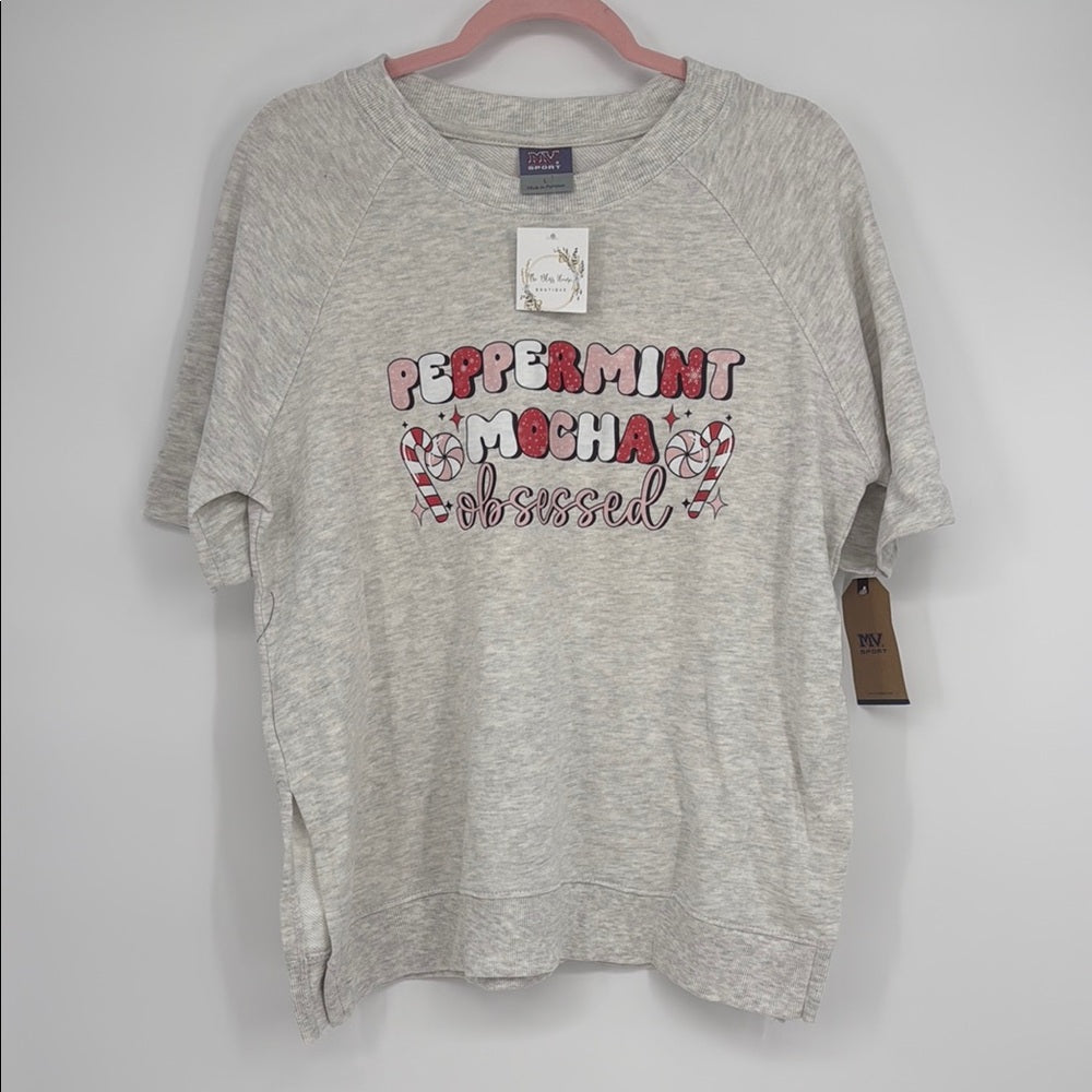 Peppermint Mocha Obsessed Christmas Top MV Sport Ash Grey Holiday Tee Sz L NWT
