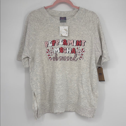 Peppermint Mocha Obsessed Christmas Top MV Sport Ash Grey Holiday Tee Sz L NWT