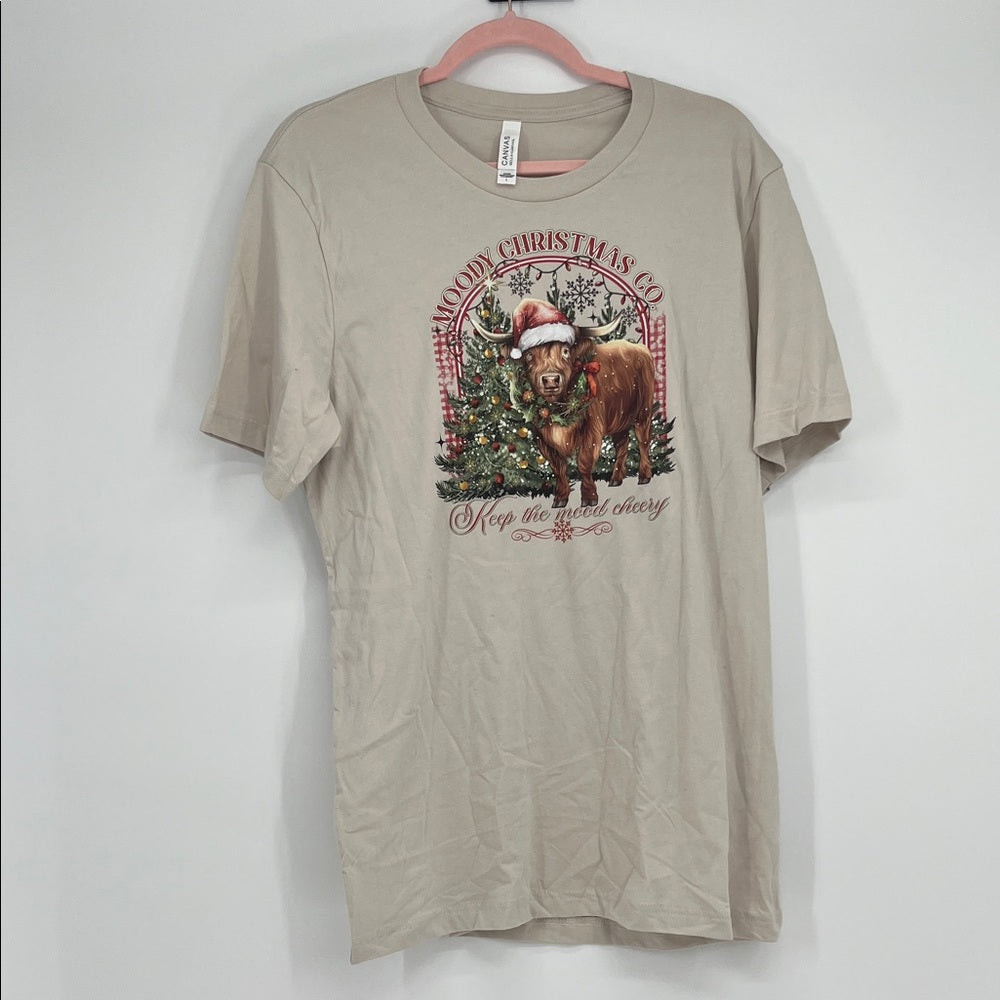 Moody Christmas Co. “Keep the Mood Cheery” Highland Cow T-Shirt Sz L Holiday Tee