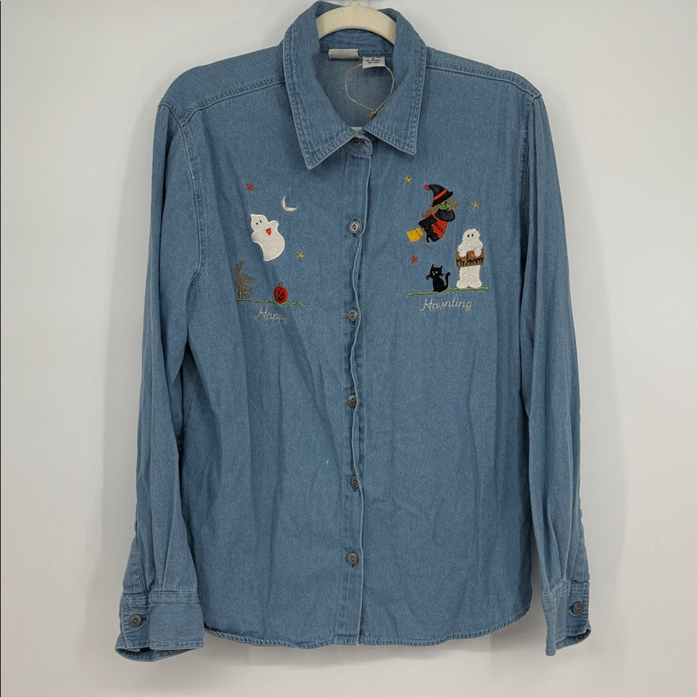 Vintage Fall Creek Halloween Embroidered Denim Shirt Ghost Witch Pumpkin Size L