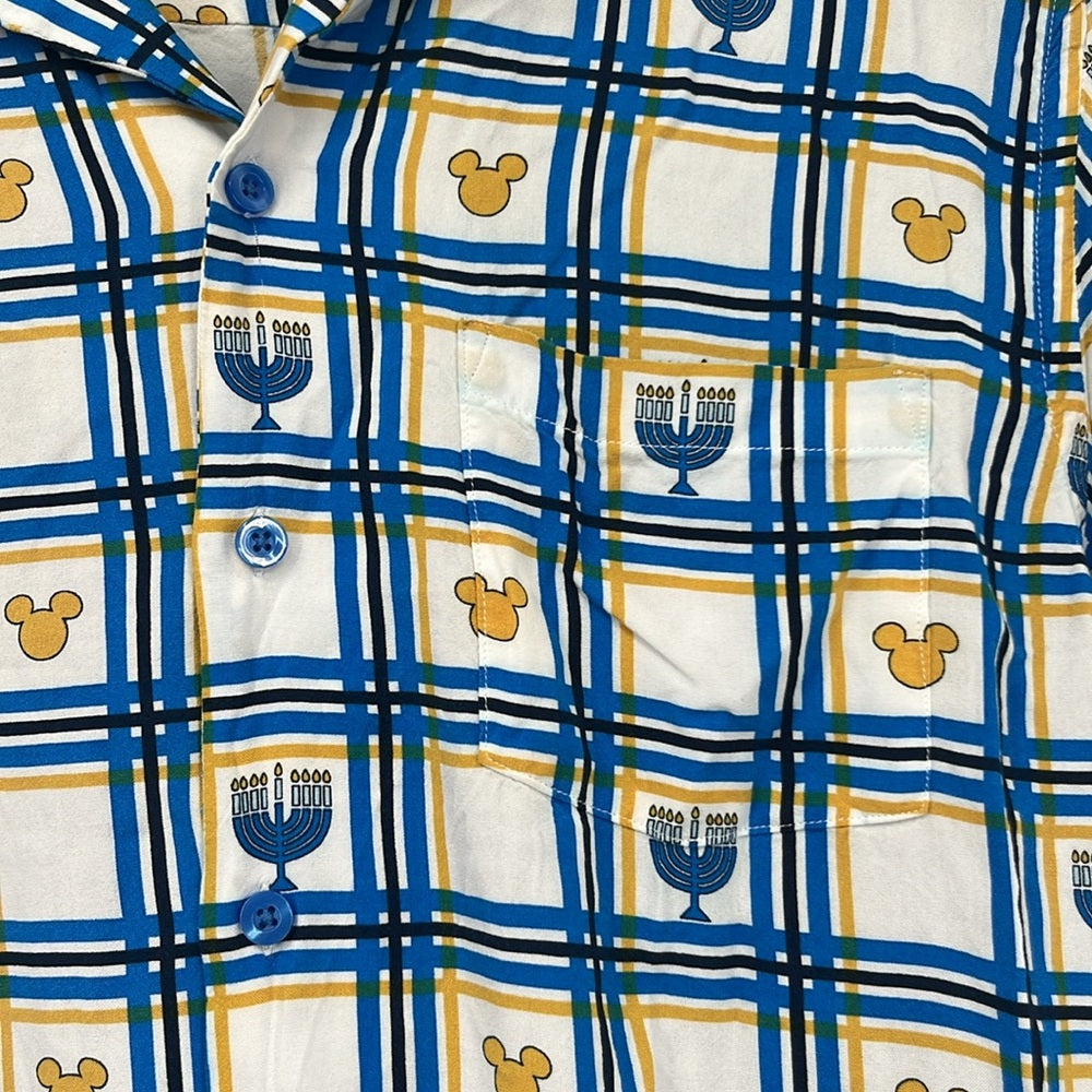 Disney Parks Men’s Button-Up Shirt Sz M Blue Plaid Hanukkah Menorah Mickey Icon