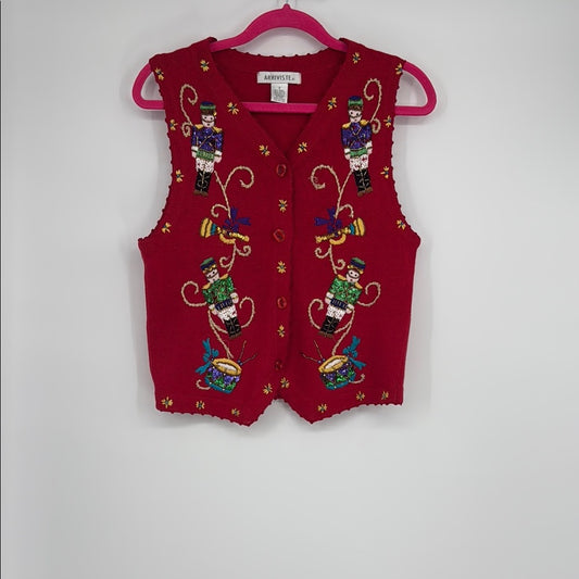 Vintage Nutcracker Christmas Sweater Vest Small Holiday Embroidered Beaded Sz S