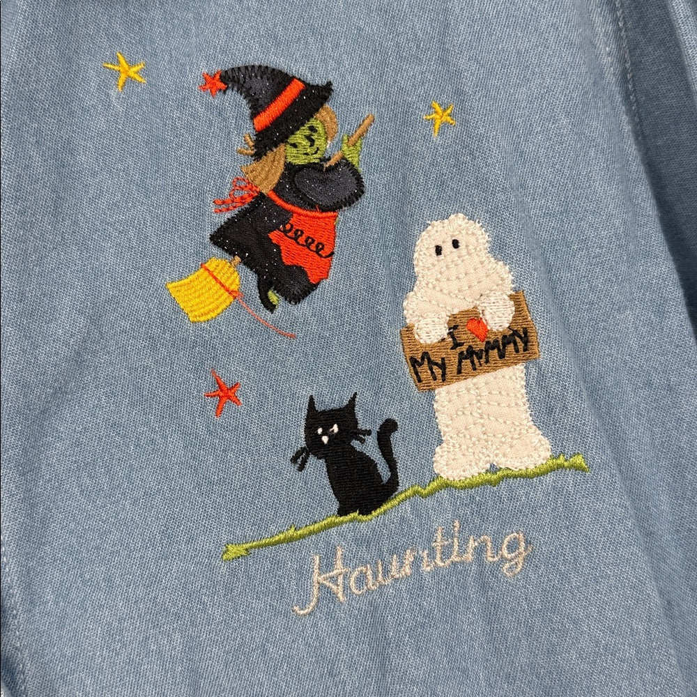 Vintage Fall Creek Halloween Embroidered Denim Shirt Ghost Witch Pumpkin Size L