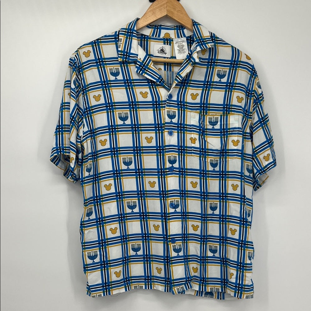 Disney Parks Men’s Button-Up Shirt Sz M Blue Plaid Hanukkah Menorah Mickey Icon