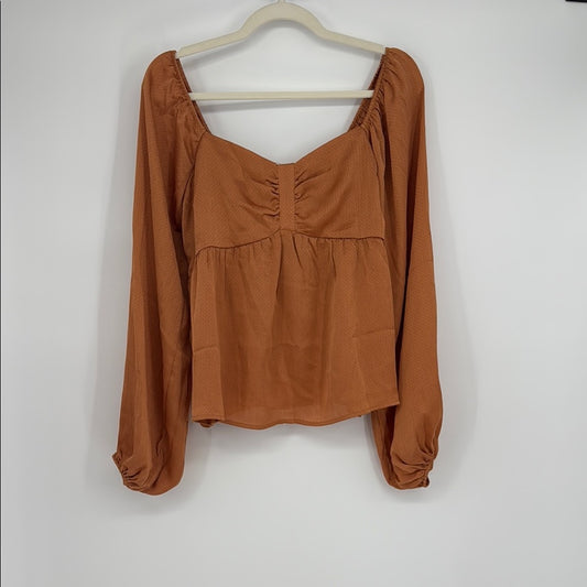 Davi & Dani Rust Orange Fall Boho Peasant Blouse Long Sleeve Ruched Front Top