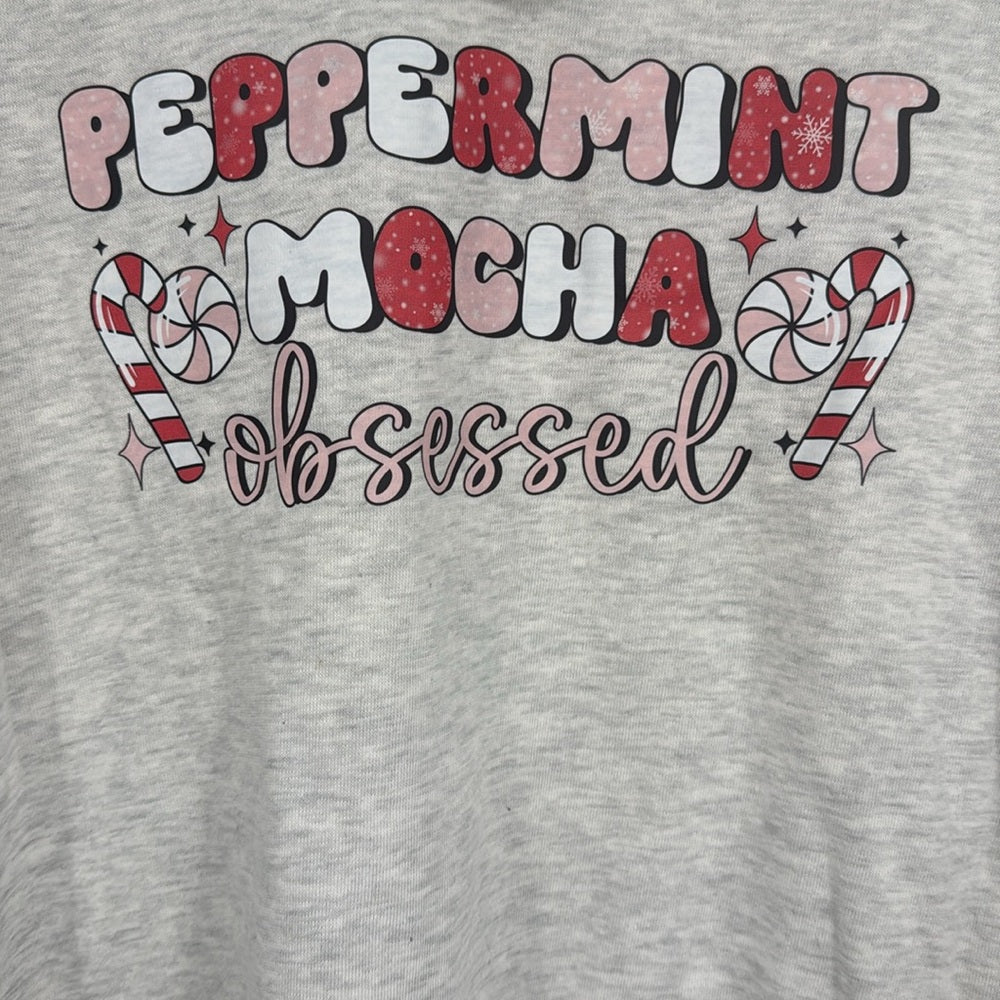 Peppermint Mocha Obsessed Christmas Top MV Sport Ash Grey Holiday Tee Sz L NWT