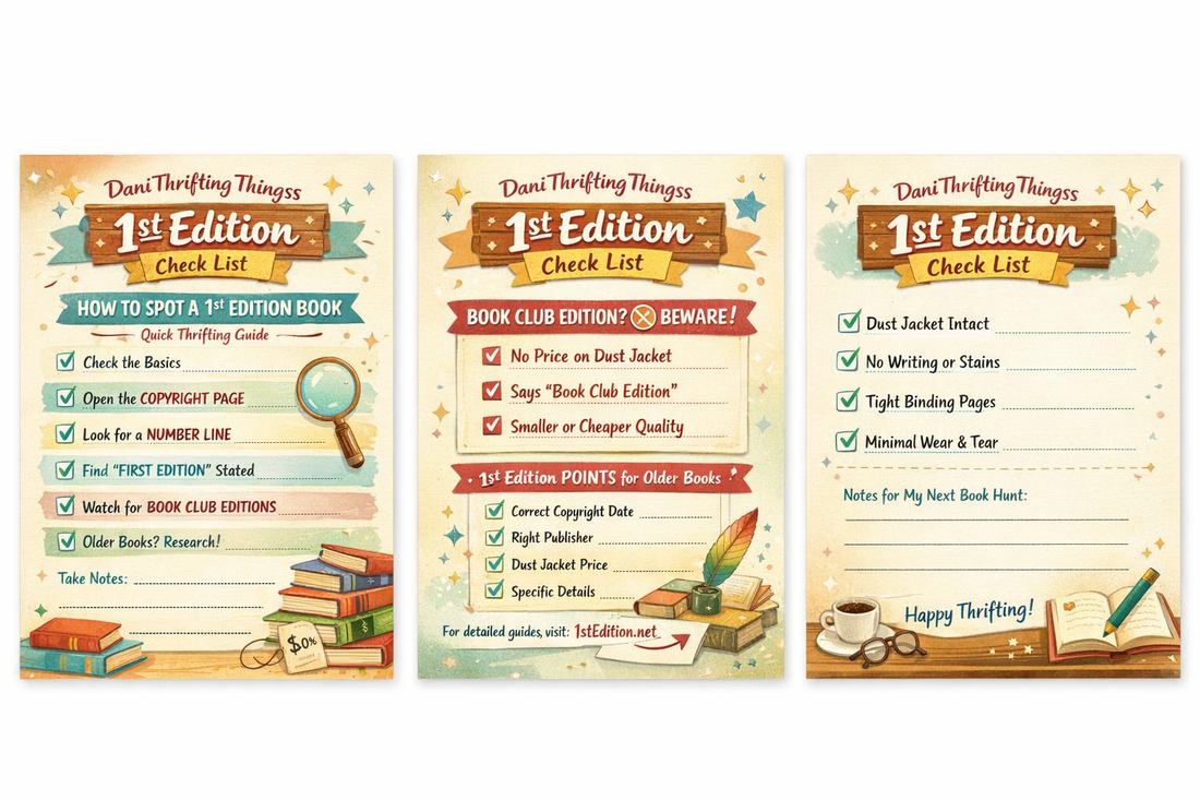 Three illustrated checklist pages titled “1st Edition Check List” by DaniThriftingThingss, showing steps for identifying first edition books, warnings about book club editions, and condition checks.