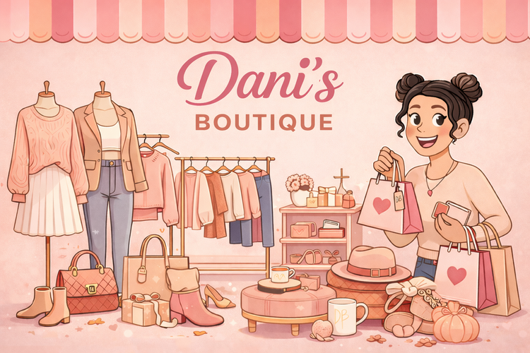 Girl holding shopping bags with the words "Dani's Boutique" in the background