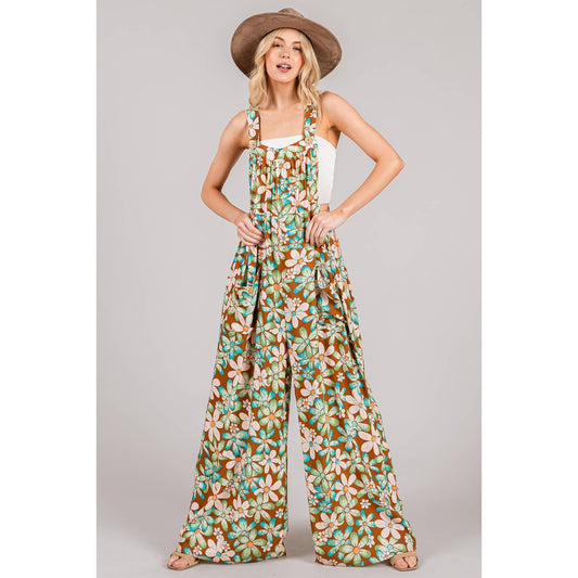 RETRO VINTAGE GARDEN PRINT FLORAL OVERALL JUMPSUIT (SJT7657): Mocha / S-M-L(2-2-2)