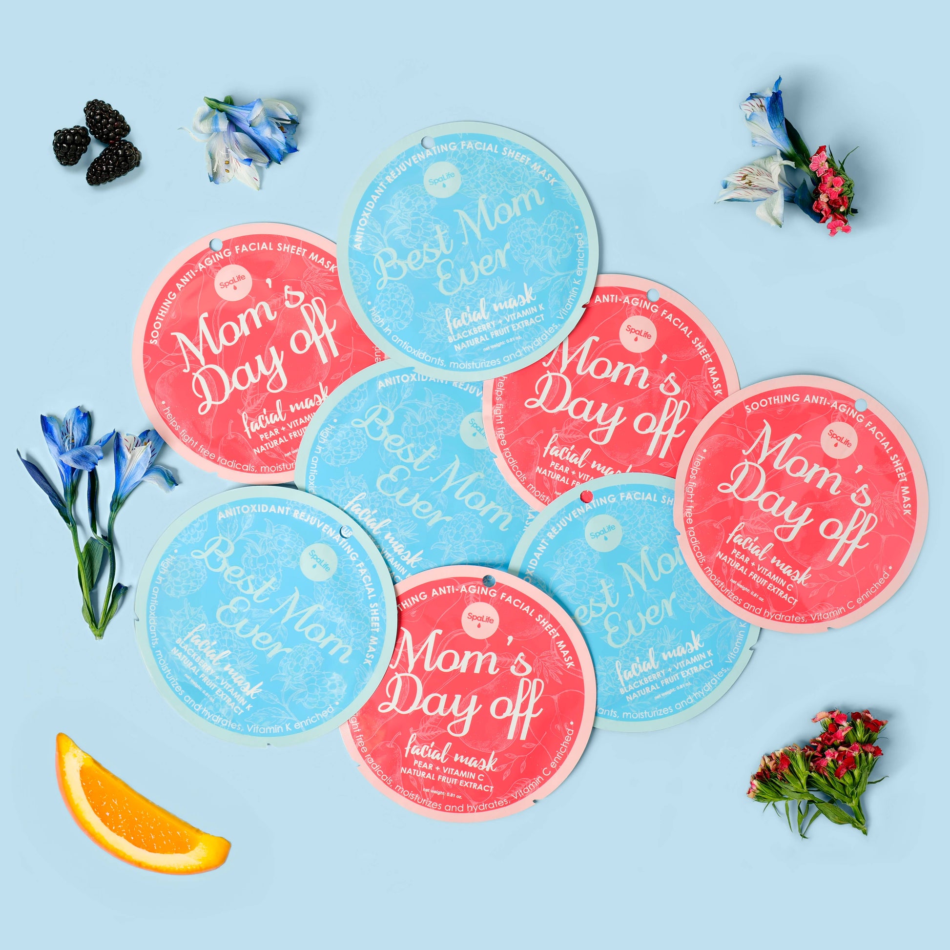 Facial masks labeled 'Mom's Day Off' on a light blue background with flowers and berries.