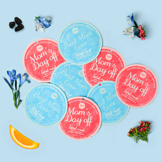 Facial masks labeled 'Mom's Day Off' on a light blue background with flowers and berries.