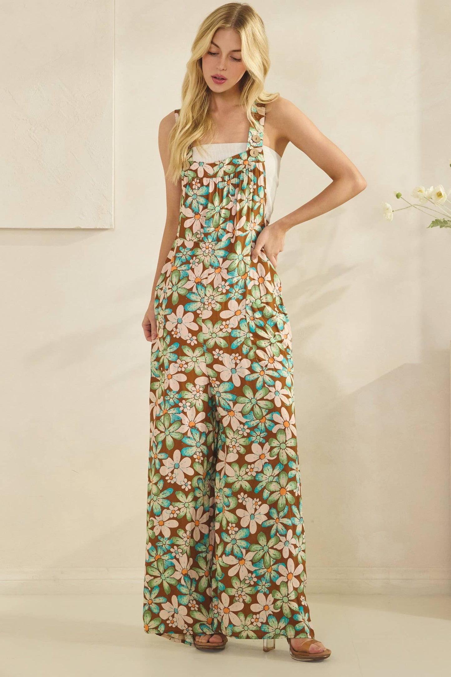 RETRO VINTAGE GARDEN PRINT FLORAL OVERALL JUMPSUIT (SJT7657): Mocha / S-M-L(2-2-2)