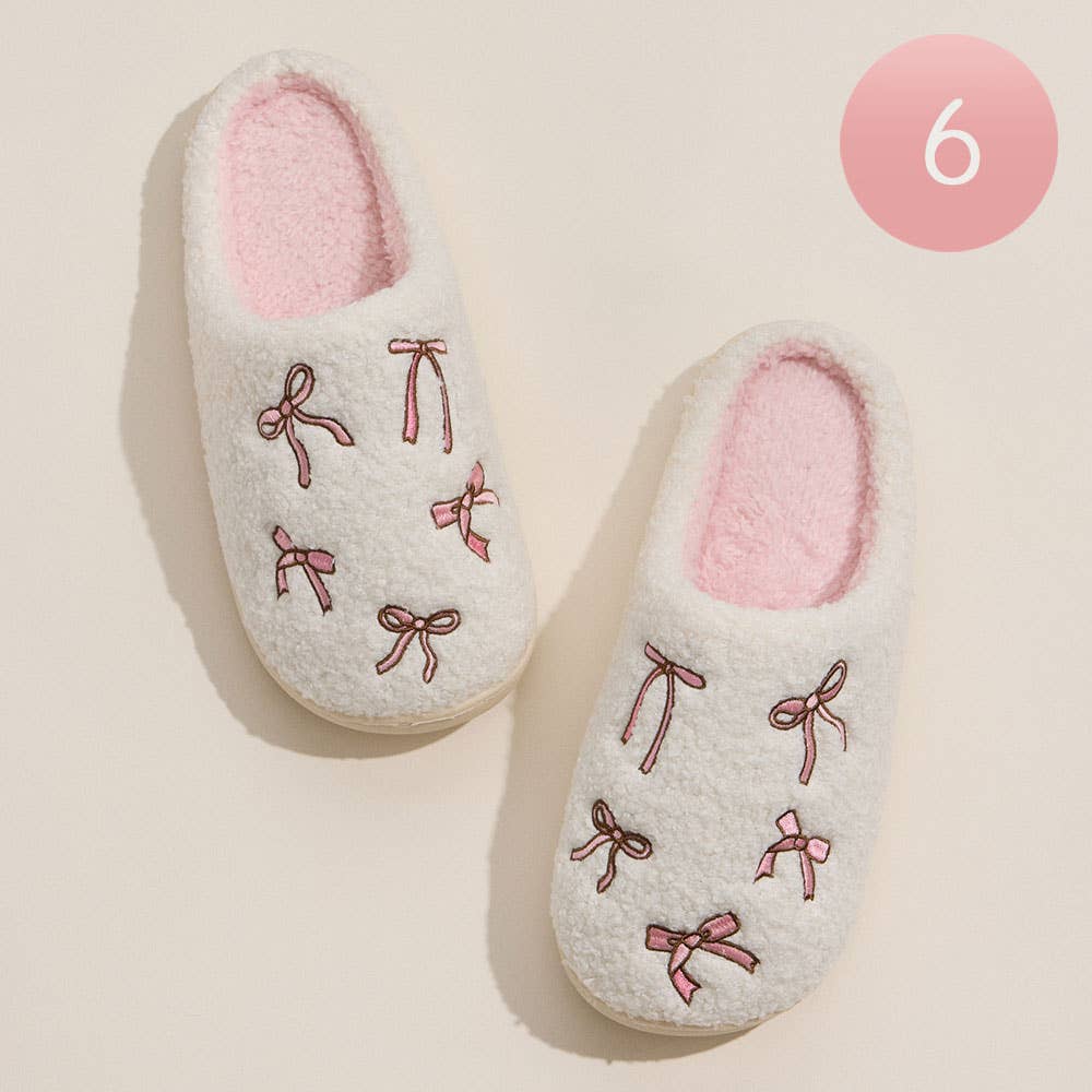 6Pairs - Ribbon Embroidery Patter Fuzzy Indoor Slippers