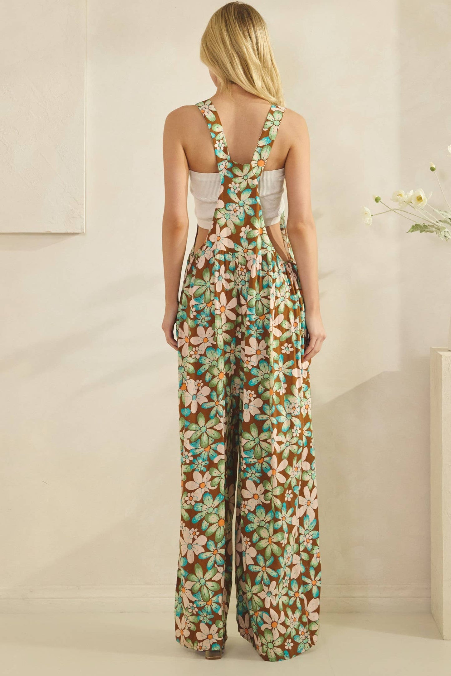 RETRO VINTAGE GARDEN PRINT FLORAL OVERALL JUMPSUIT (SJT7657): Mocha / S-M-L(2-2-2)