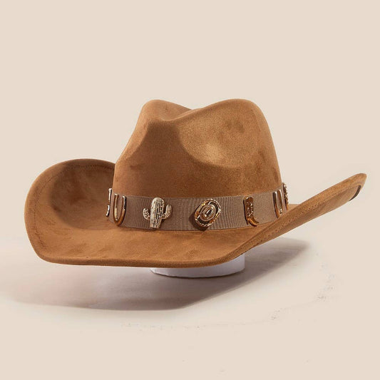 Brown Cowboy hat with cactus, cowboy boot, hat, and horse shoe embellishments on beige background. 