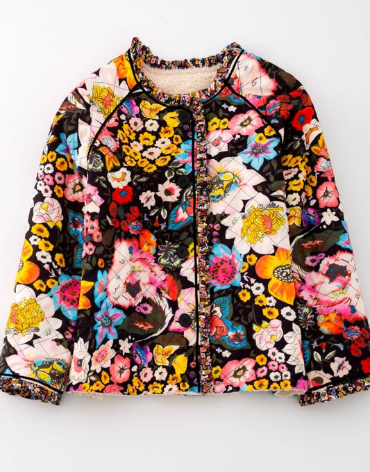 Colorful floral-patterned jacket on a white background