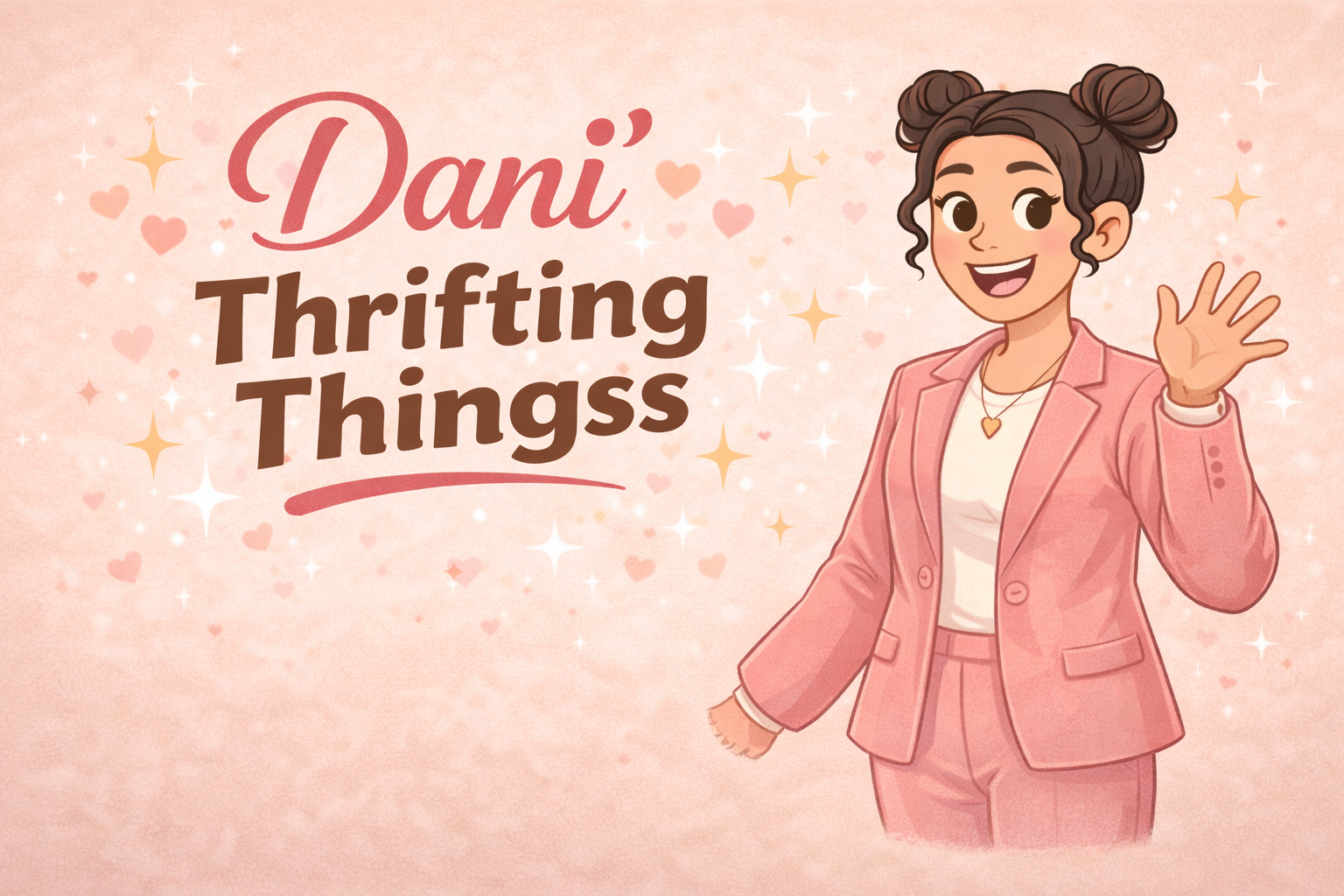 Cartoon character in a pink suit with 'Dani Thrifting Thingsss' text on a pink background