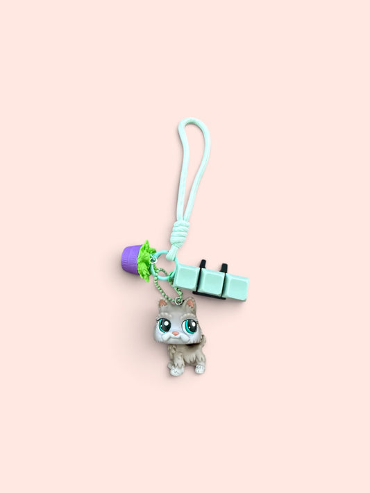 Lil pet shop dog keychain with fidget and plant charm