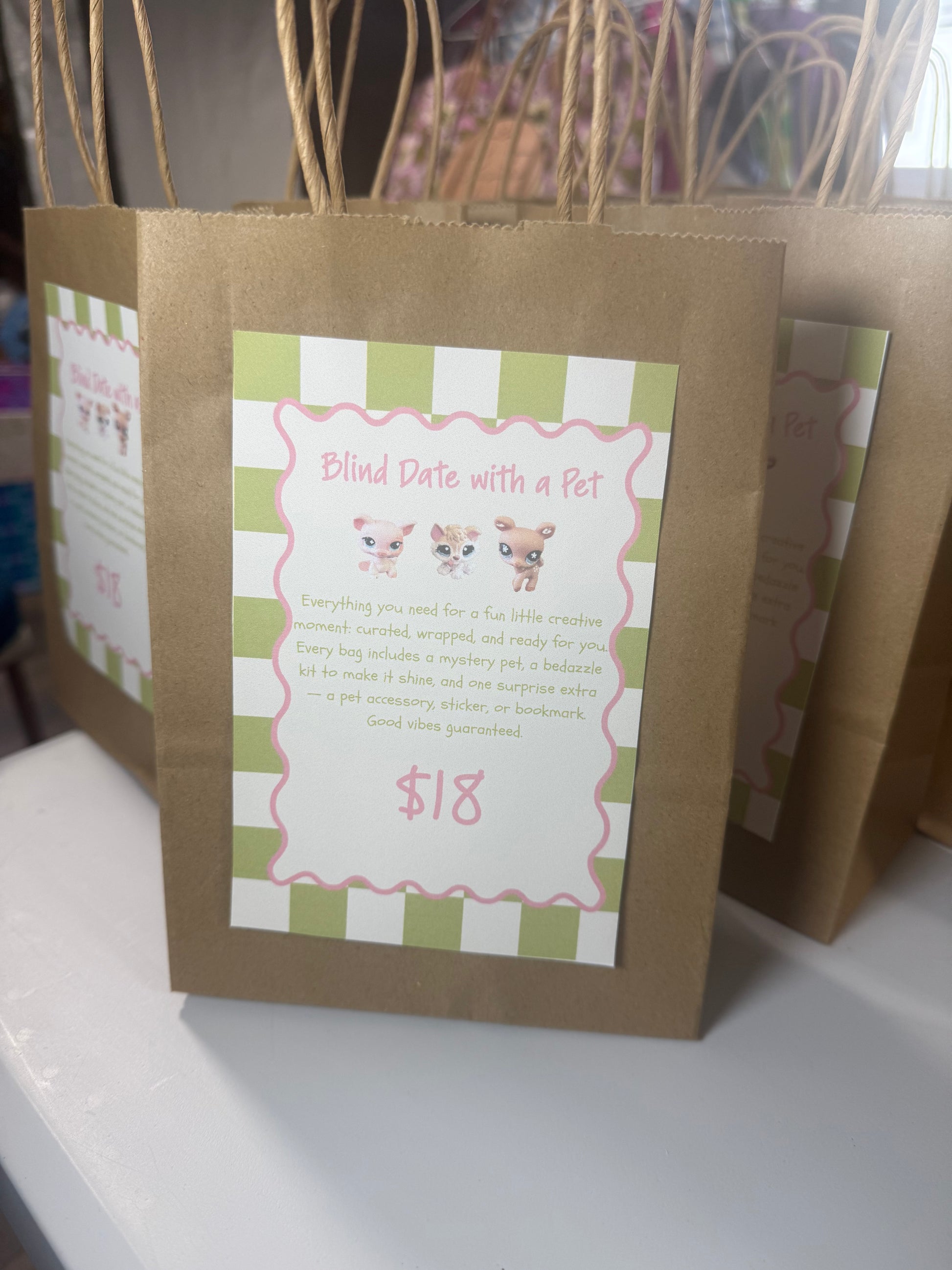 A brown kraft paper gift bag with twine handles and a printed front label reading 'Blind Date with a Pet' in pink text over a green-and-white check pattern, with an $18 price at the bottom.