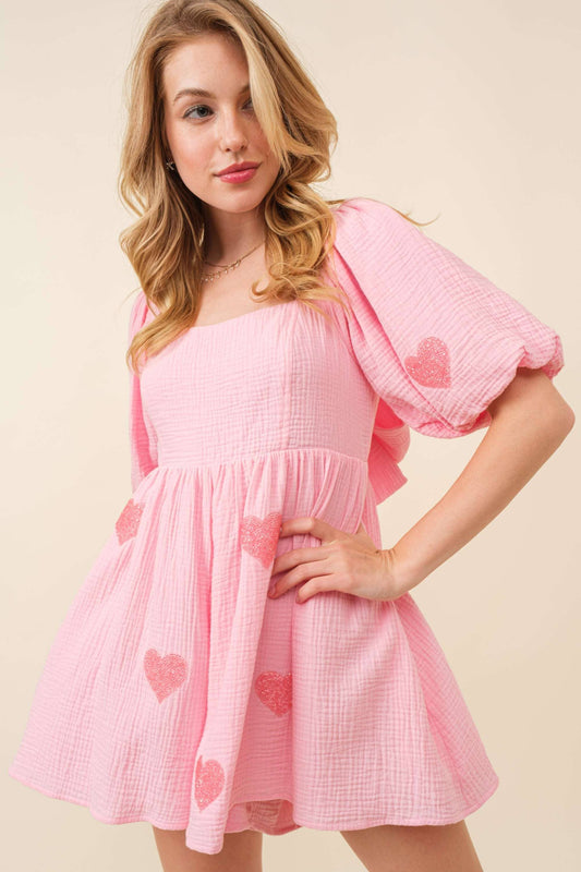 Heart Detail Puff Sleeve Babydoll Romper – Valentine : PINK / S