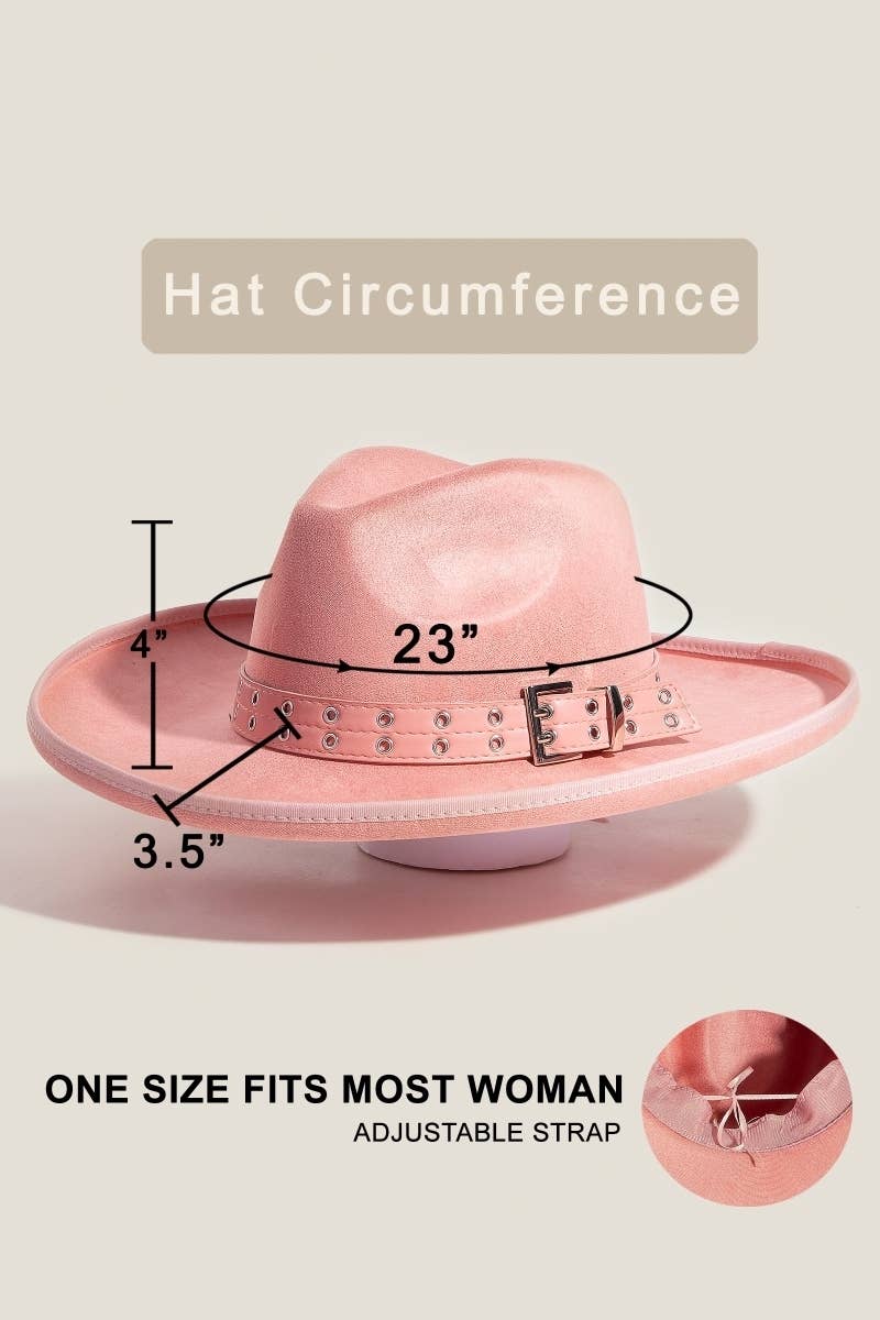 Hat Circumference measurements (23'' circumference, 4" tall, and 3.5" brim). Text says one size fits most woman adjustable strap. 