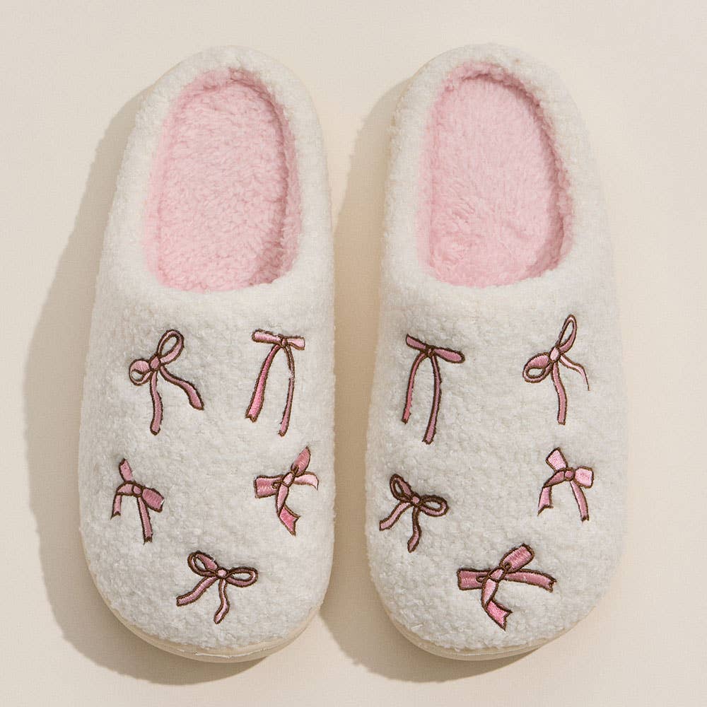 6Pairs - Ribbon Embroidery Patter Fuzzy Indoor Slippers