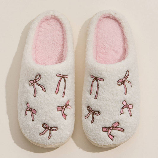 6Pairs - Ribbon Embroidery Patter Fuzzy Indoor Slippers