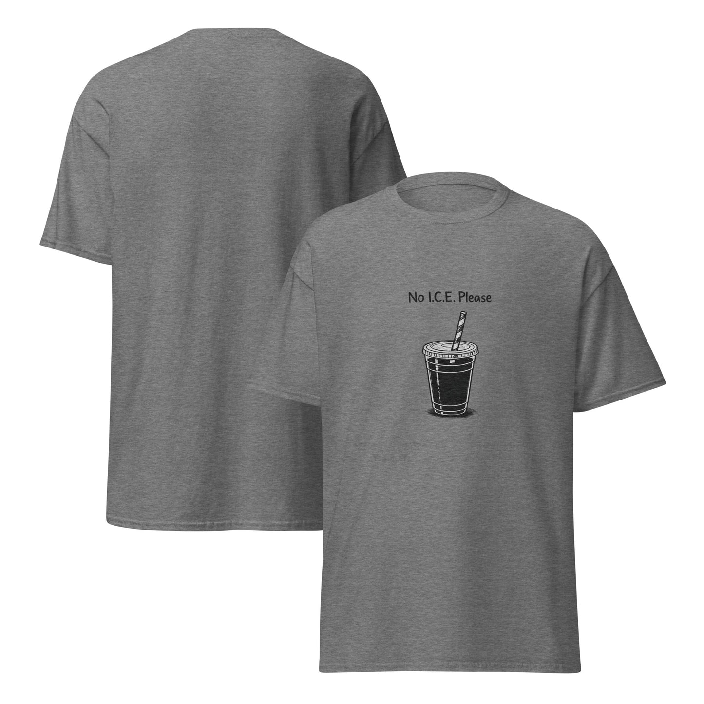 Gray t-shirt with a graphic of a drink and text 'No I.C.E. Please' on a white background