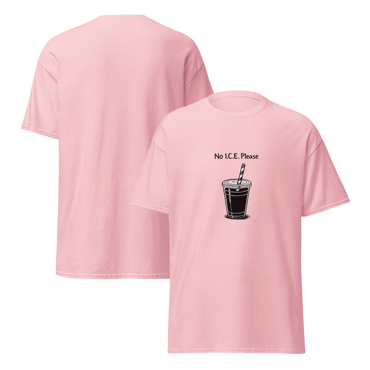 No I.C.E Please Pink shirt on white background