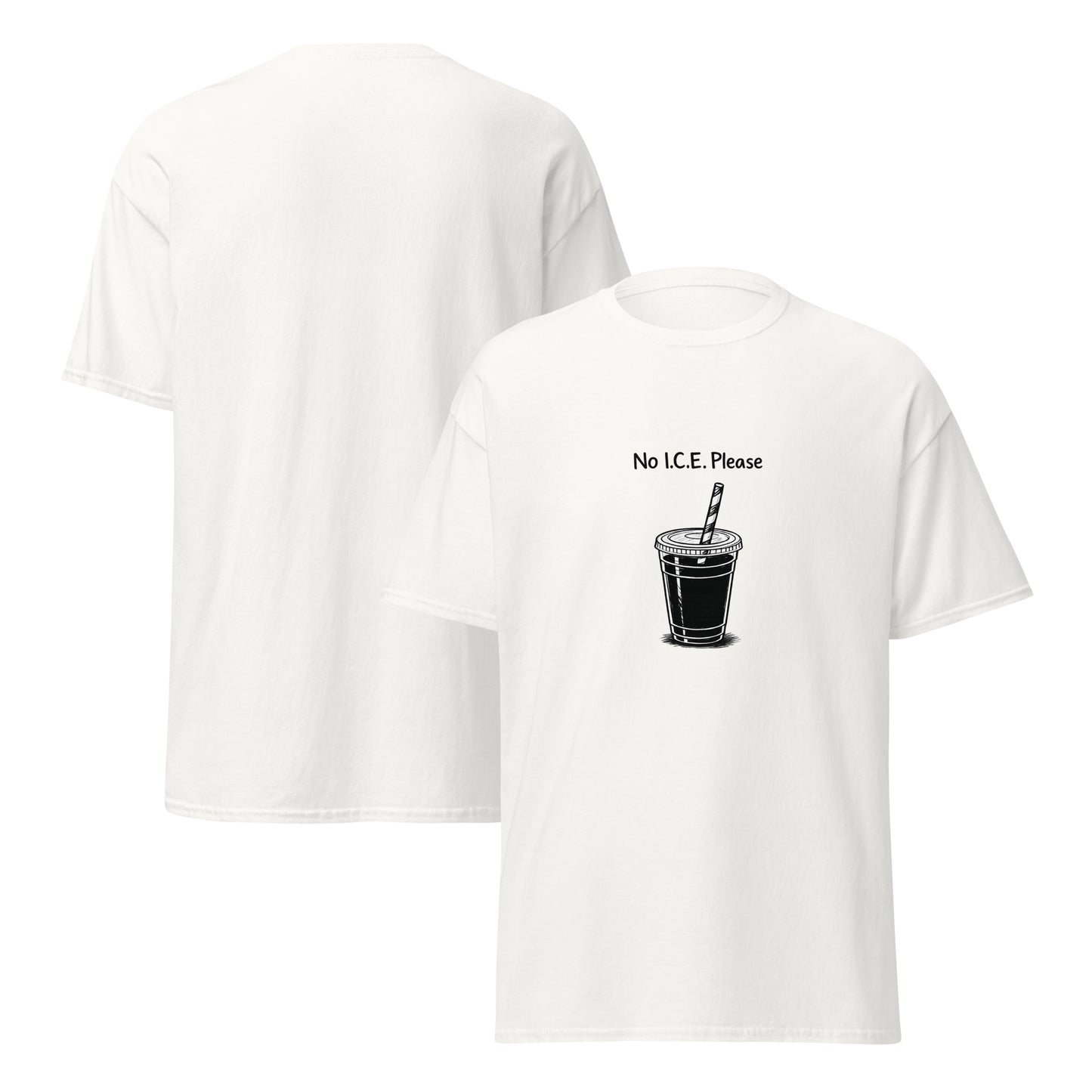 White t-shirt with a black graphic of a drink and text 'No L.C.E. Please' on a white background