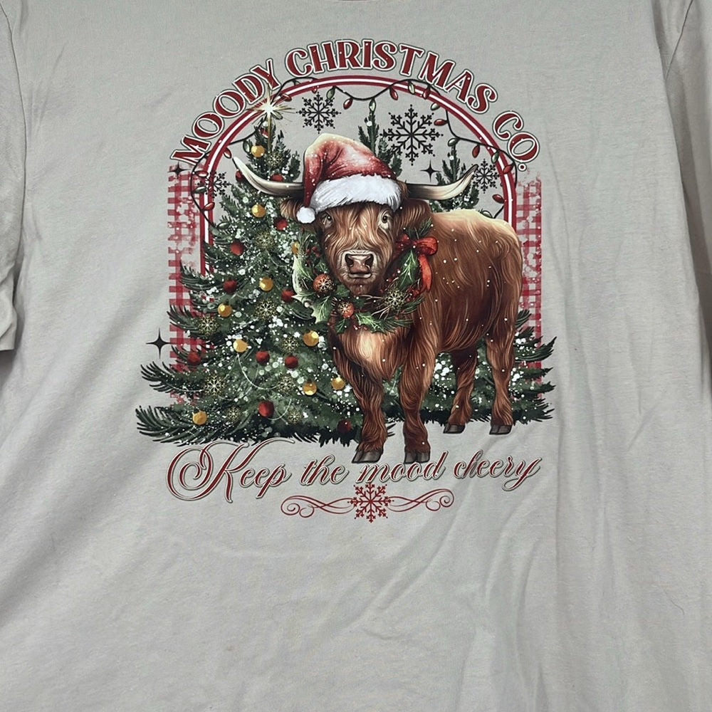 Moody Christmas Co. “Keep the Mood Cheery” Highland Cow T-Shirt Sz L Holiday Tee