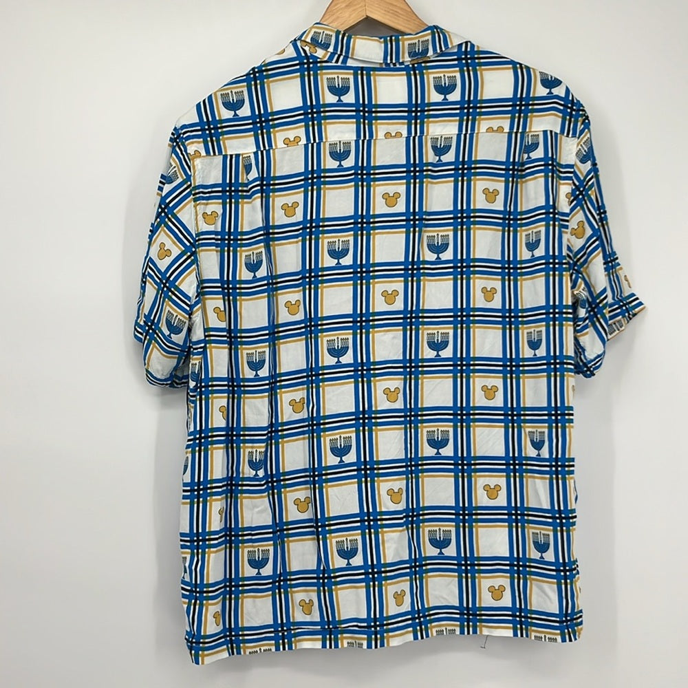 Disney Parks Men’s Button-Up Shirt Sz M Blue Plaid Hanukkah Menorah Mickey Icon