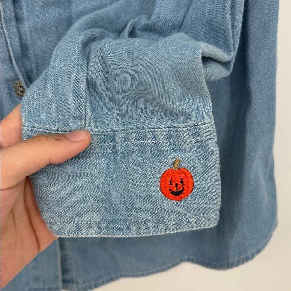 Vintage Fall Creek Halloween Embroidered Denim Shirt Ghost Witch Pumpkin Size L