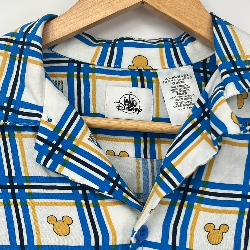 Disney Parks Men’s Button-Up Shirt Sz M Blue Plaid Hanukkah Menorah Mickey Icon