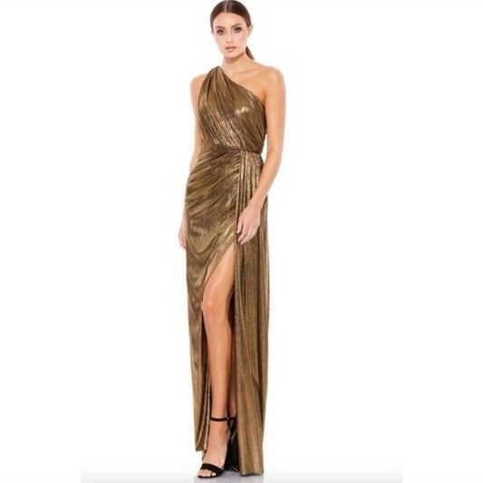 Mac Duggal 26537 Metallic Draped One Shoulder Maxi Dress Size 12 NEW