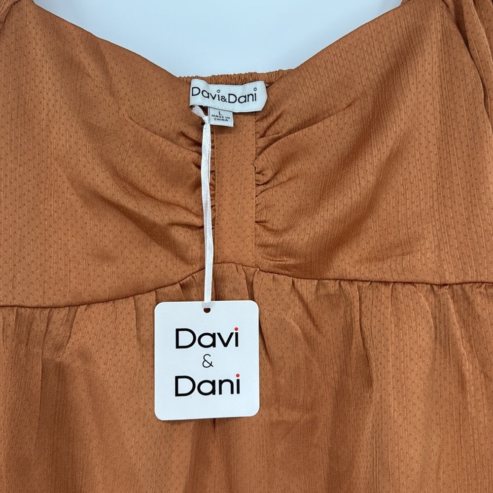 Davi & Dani Rust Orange Fall Boho Peasant Blouse Long Sleeve Ruched Front Top