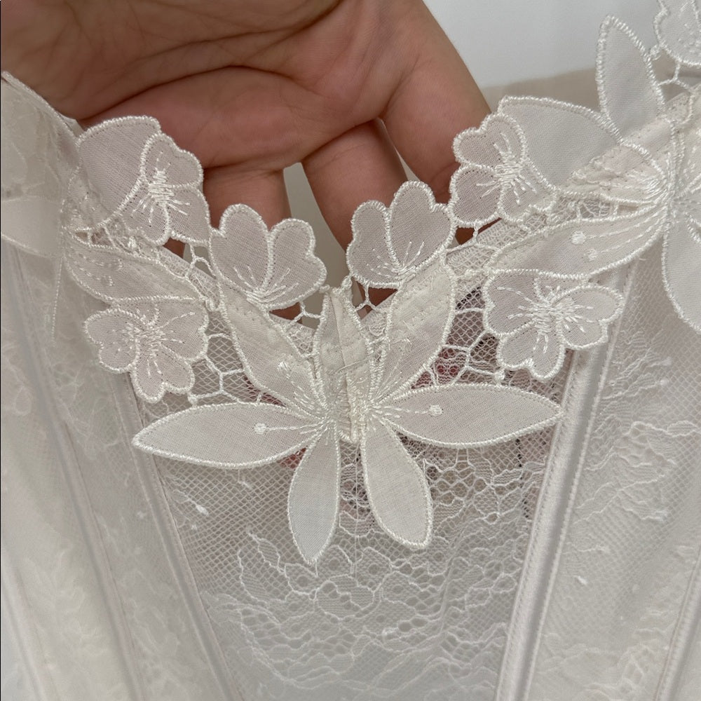 Close-up of intricate lace fabric with floral patterns held by a hand.