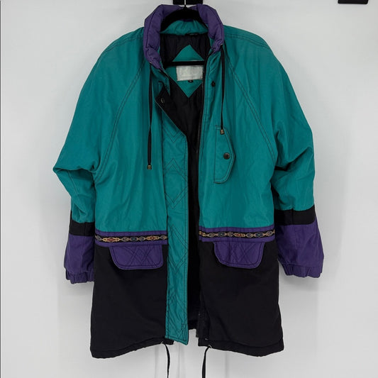 Teal and purple jacket with black accents on a white background