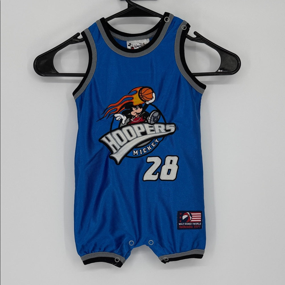 Blue baby romper featuring Mickey Mouse ‘Hoopers’ basketball graphic with number 28, gray trim, snap closures, and Walt Disney World Athletics patch on the front