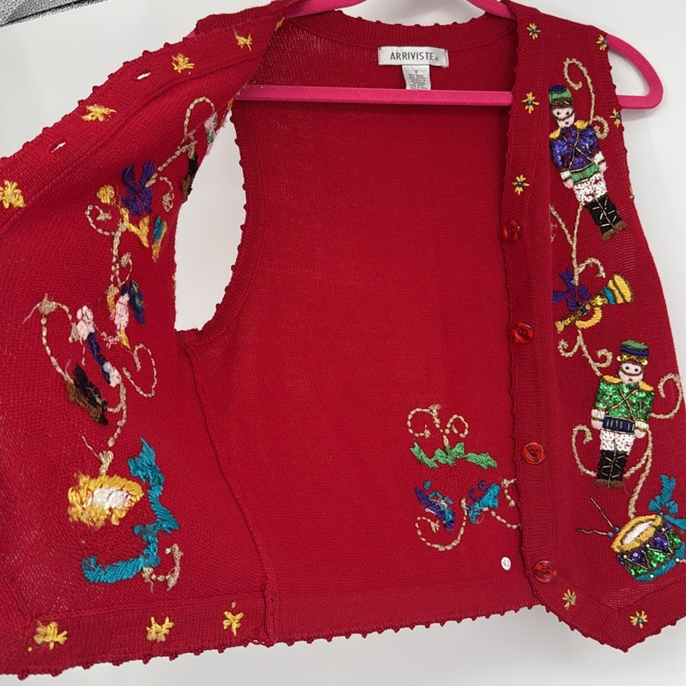 Vintage Nutcracker Christmas Sweater Vest Small Holiday Embroidered Beaded Sz S