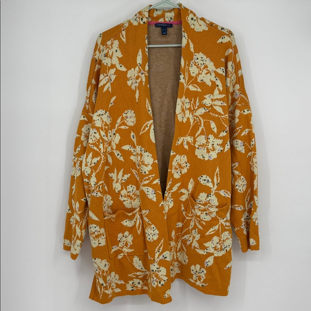 Isaac Mizrahi Live Mustard Floral Heavy Weight Cardigan Sweater Size XL Cotton