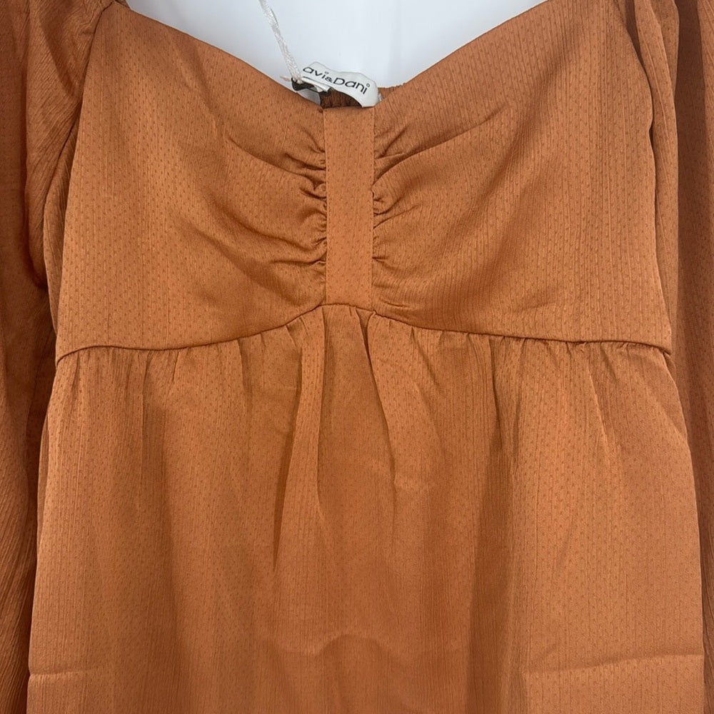Davi & Dani Rust Orange Fall Boho Peasant Blouse Long Sleeve Ruched Front Top