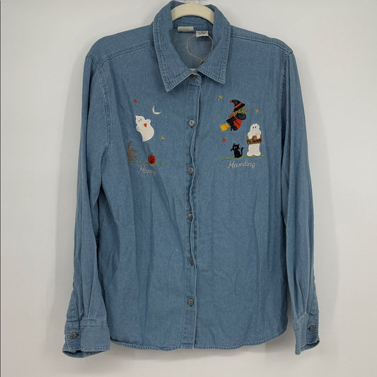 Vintage Fall Creek Halloween Embroidered Denim Shirt Ghost Witch Pumpkin Size L