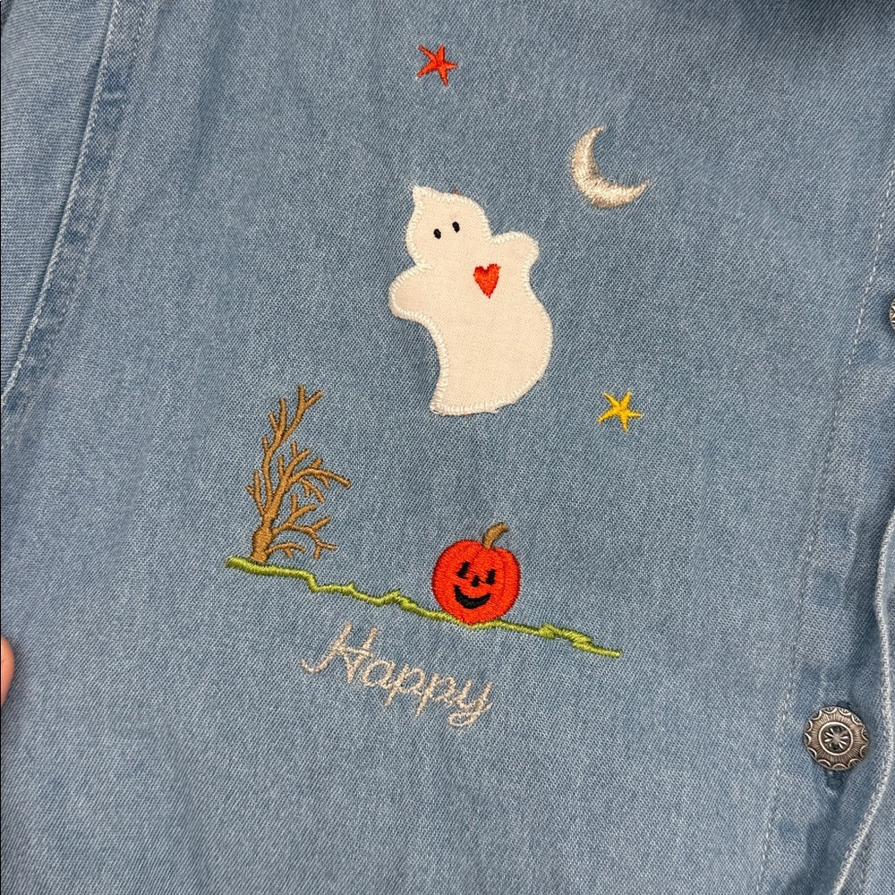 Vintage Fall Creek Halloween Embroidered Denim Shirt Ghost Witch Pumpkin Size L