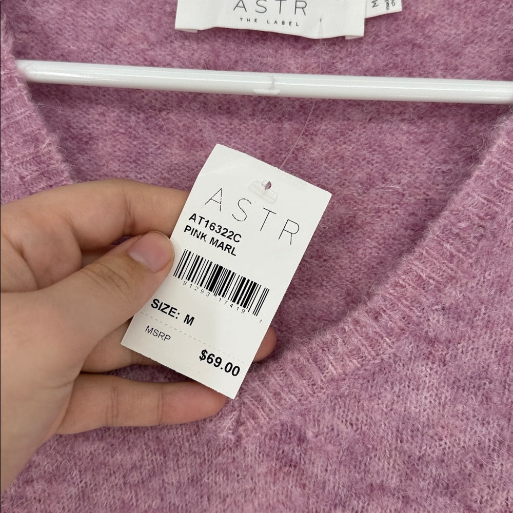 ASTR The Label Pink Marl Fuzzy V-Neck Sweater Size Medium NWT