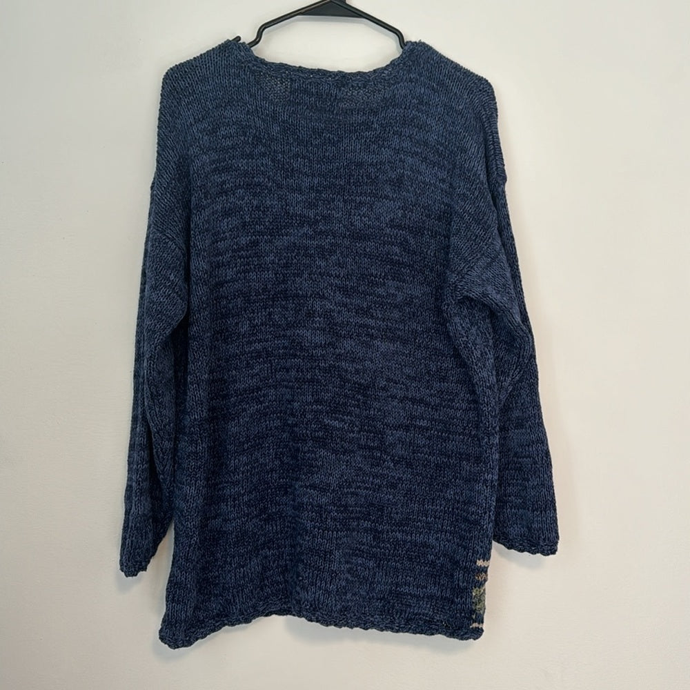 back of blue knit sweater on white background